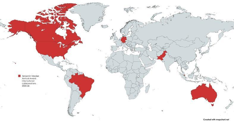 An image of the world with the Benjamin Meaker Annual Award collaborator countries shaded in red: USA, Canada, Singapore, Pakistan, Australia, Brazil, Germany.